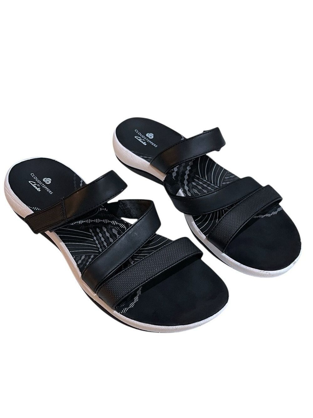 Clark’s Cloudsteppers Triple Strap Comfort Sandals SZ 11 Women’s Black White